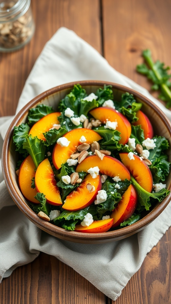 A colorful kale and peach salad with feta and almonds in a rustic bowl on a wooden table.